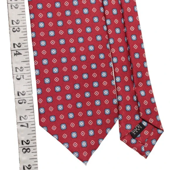 Drake's NWT Neck Tie in Red with Light Blue & White Geometric Pattern 100% Silk